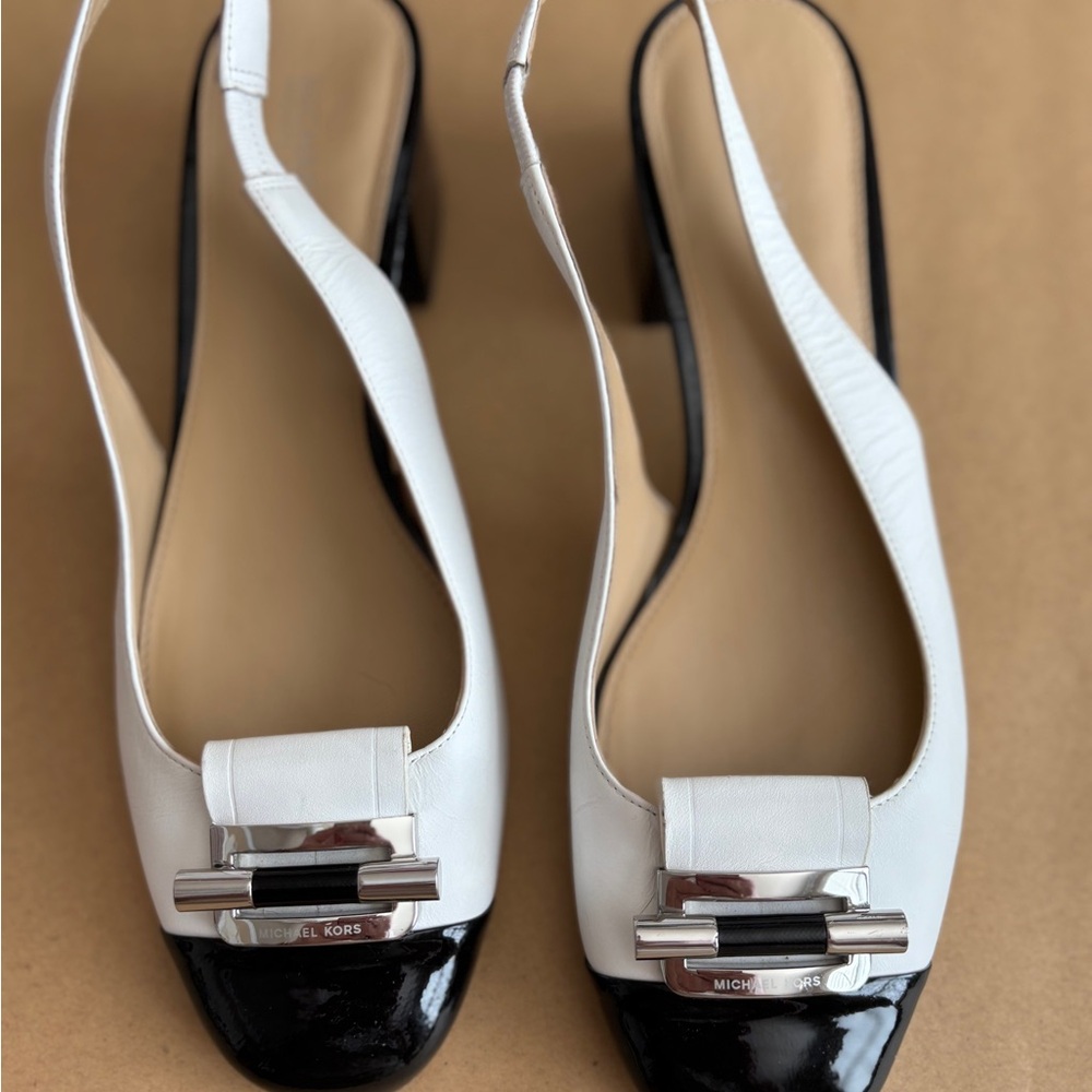 Michael Kors Black and White Slingback 2” Patient Leather Block Heels size 7 1/2